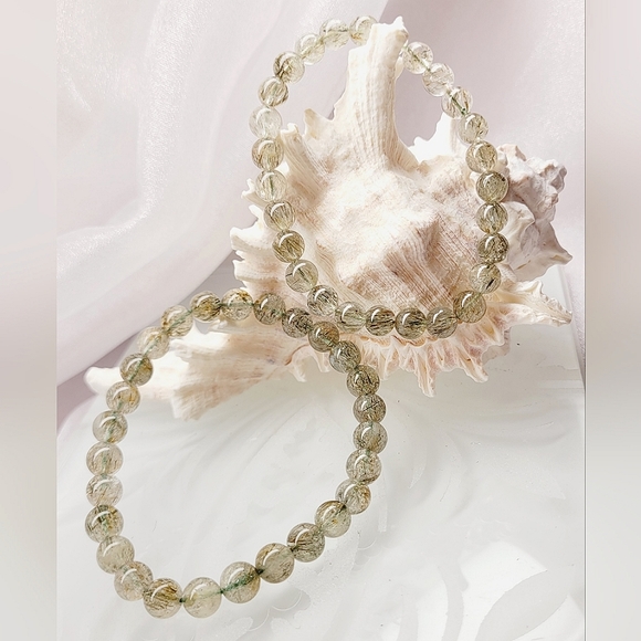 Natural Green Tourmaline Hair Rutilated Crystal Beads Stretch Bracelet Set - Picture 8 of 8